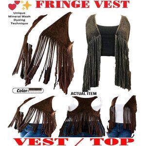🛑 BULLY Dangling➕ FRINGE 🆒 VEST Mineral Wash TOP Boho Western JACKET💸BUYNOW‼️